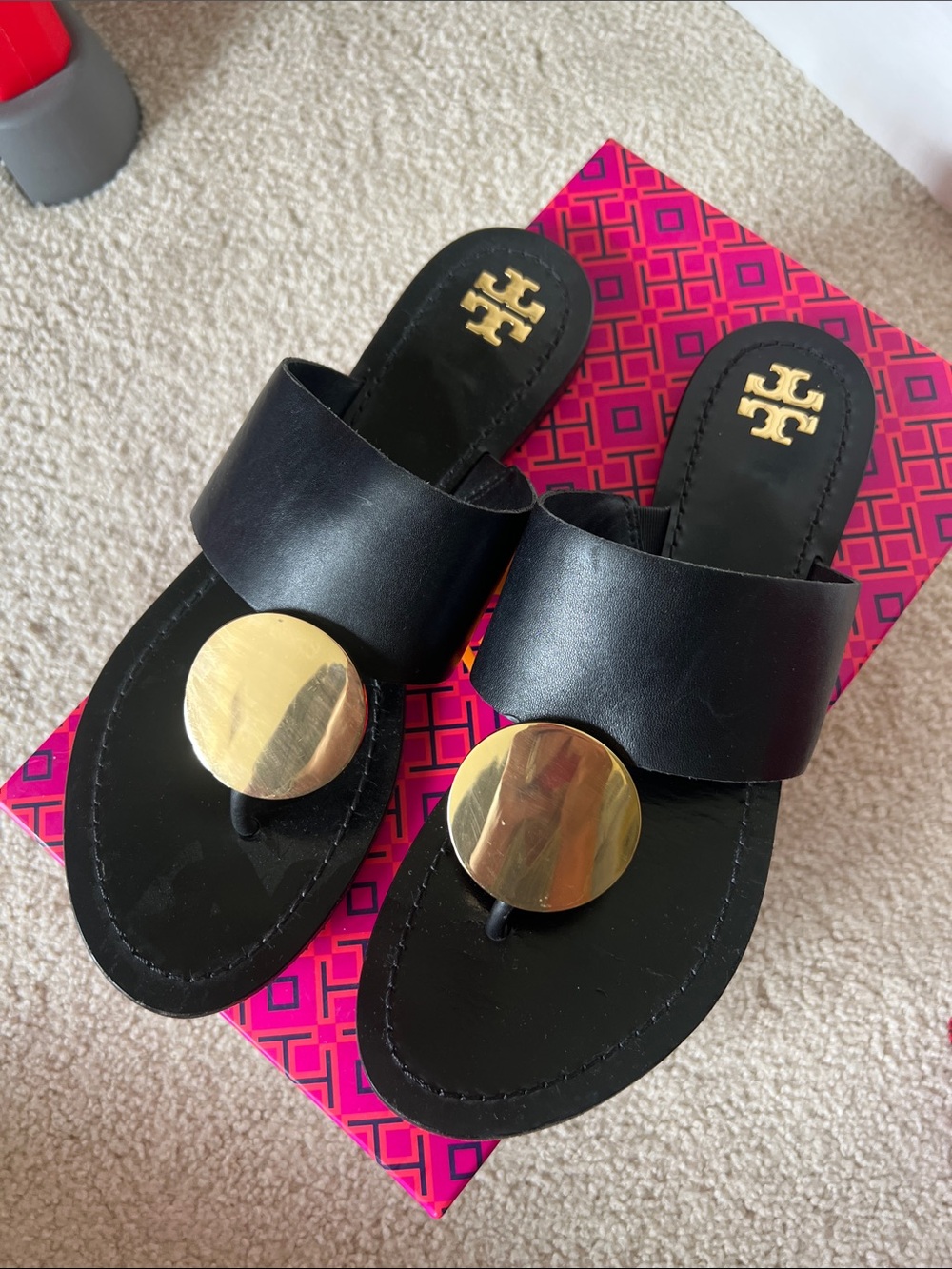 Tory Burch Black Leather Slides with Gold Disc Accent - Picture 3 of 4